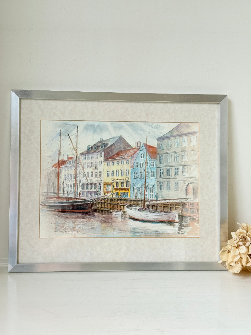 Vintage watercolour harbour scene with Hong Kong restaurant and boats in silver frame