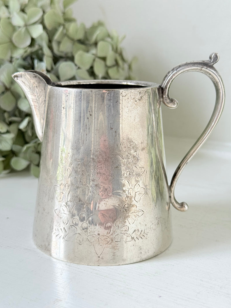 vintage silver plate jug with curved handle photographed on white surface with green hydrangeas