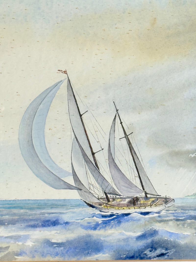 Vintage sailing watercolour signed Larsen in silver frame, seascape with sailboats