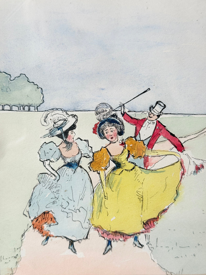 Cheeky colourful watercolour of a gentleman and ladies in period costume, in a wooden frame