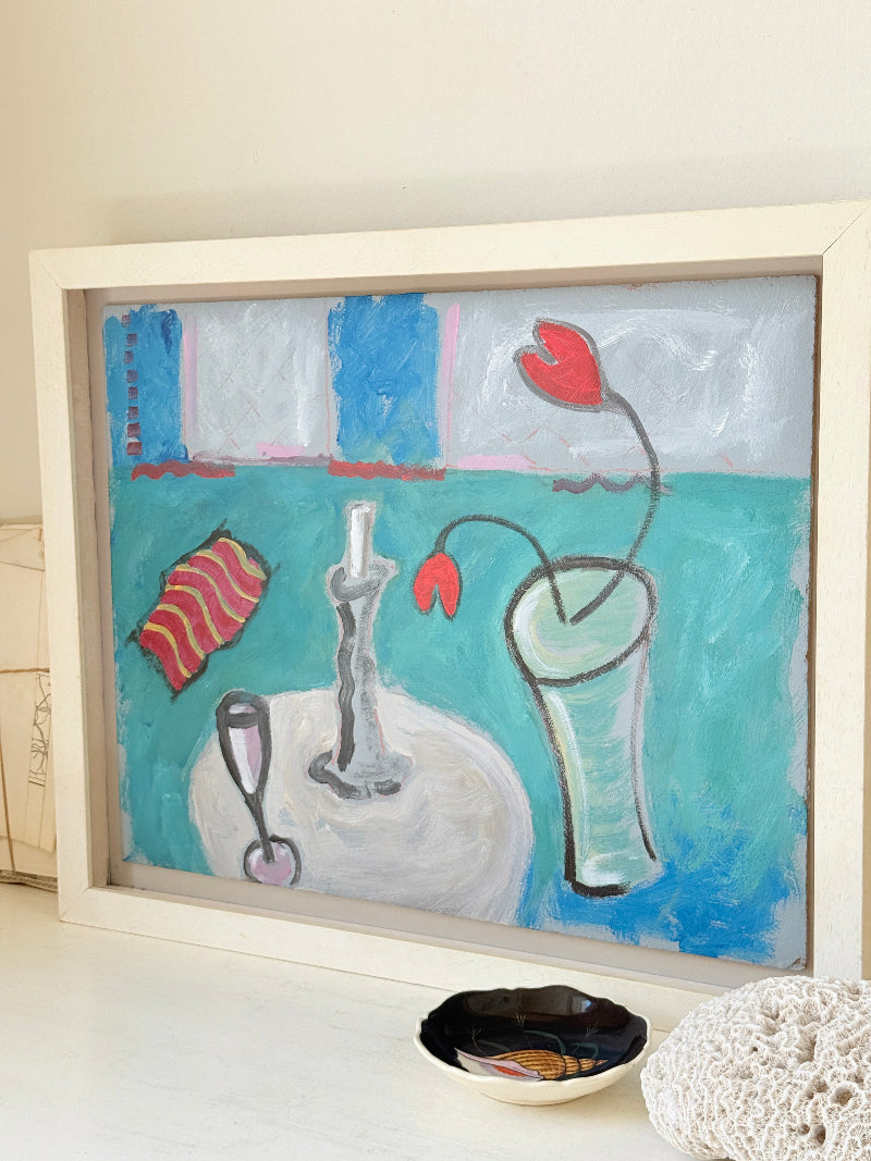 Original oil on board still life with candlestick, red tulips, turquoise background and cream frame in St Ives inspired style