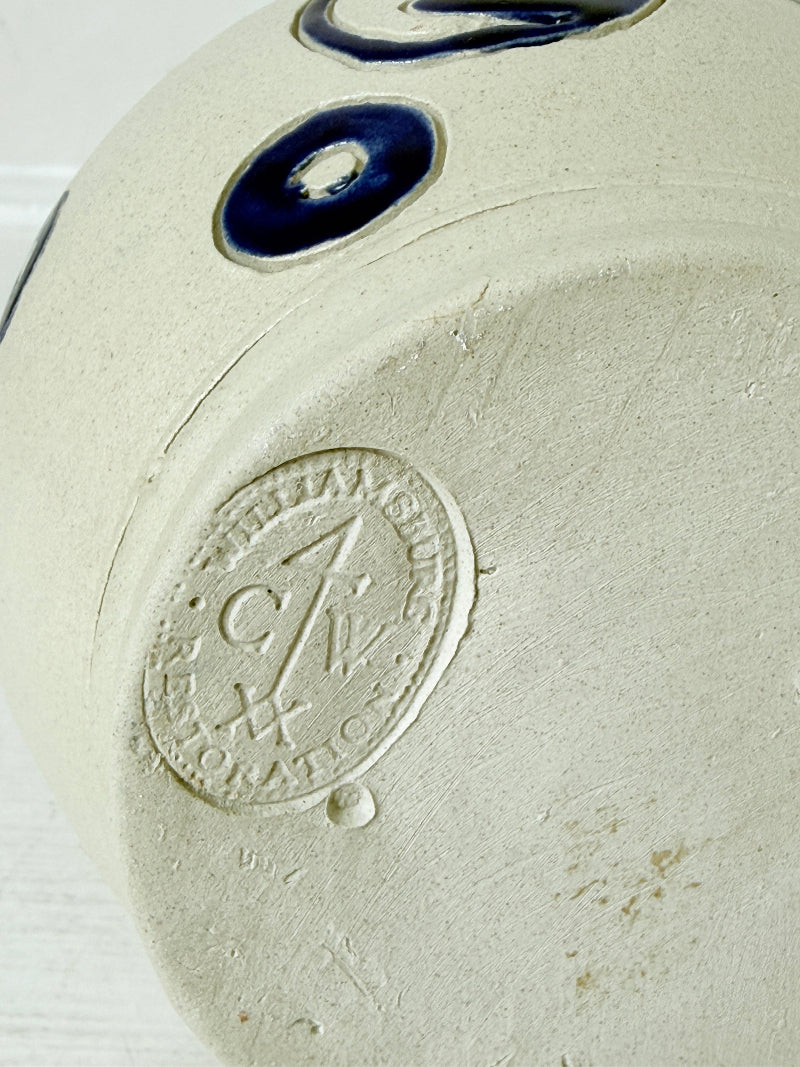 Williamsburg Pottery salt glaze stoneware jug with cobalt blue scratch decoration, handle and original certificate