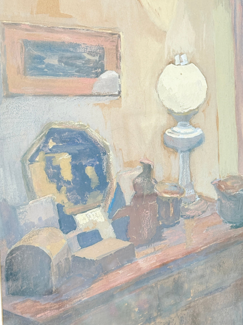 An impressionistic still life painting depicting a tabletop arrangement with a blue octagonal mirror, a white globe lamp, a brown bottle, and other neutral-toned objects against a warm beige wall.