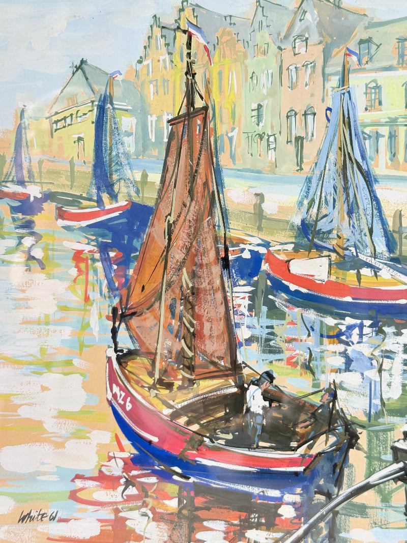 Mid century harbour scene painting with pastel boats and buildings, in wooden frame, photographed on a white surface