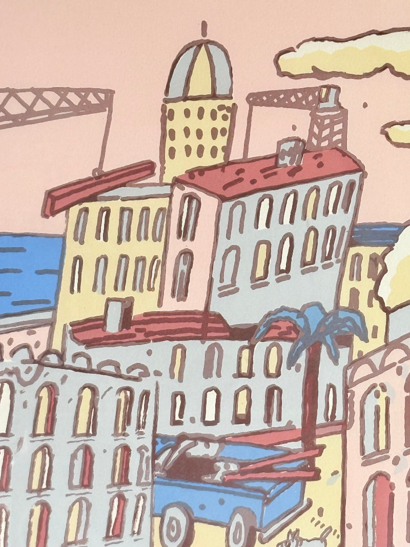 Limited edition screen print of Beirut by Antonio Segui in a wooden frame, signed and dated 1995, photographed on a white surface