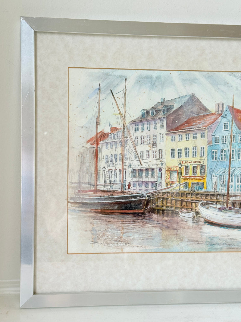 Vintage watercolour harbour scene with Hong Kong restaurant and boats in silver frame