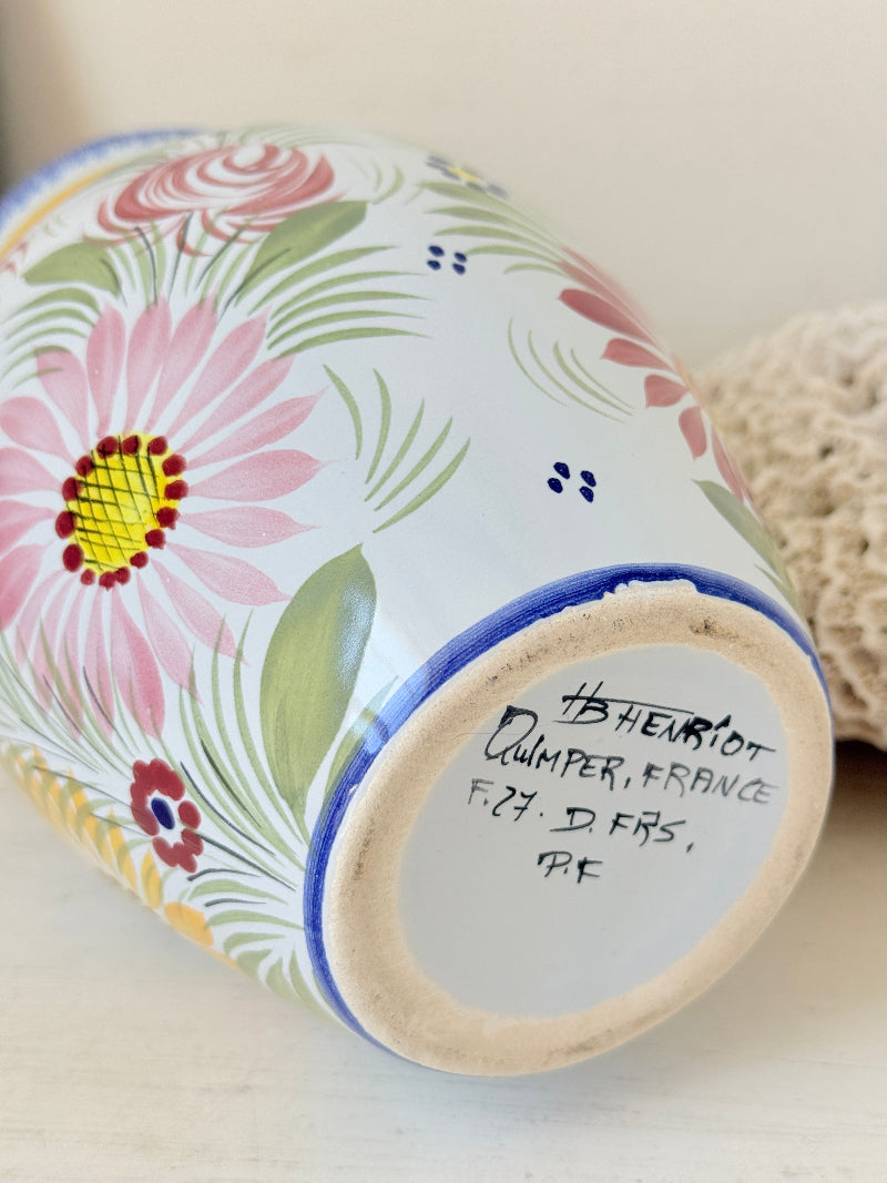 Vintage Henriot Quimper faience vase with hand painted floral decoration, blue rim and colourful French folk pottery style