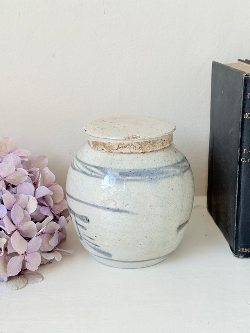Antique Chinese ginger jar with blue brushwork, photographed on a white surface with vintage books and hydrangeas