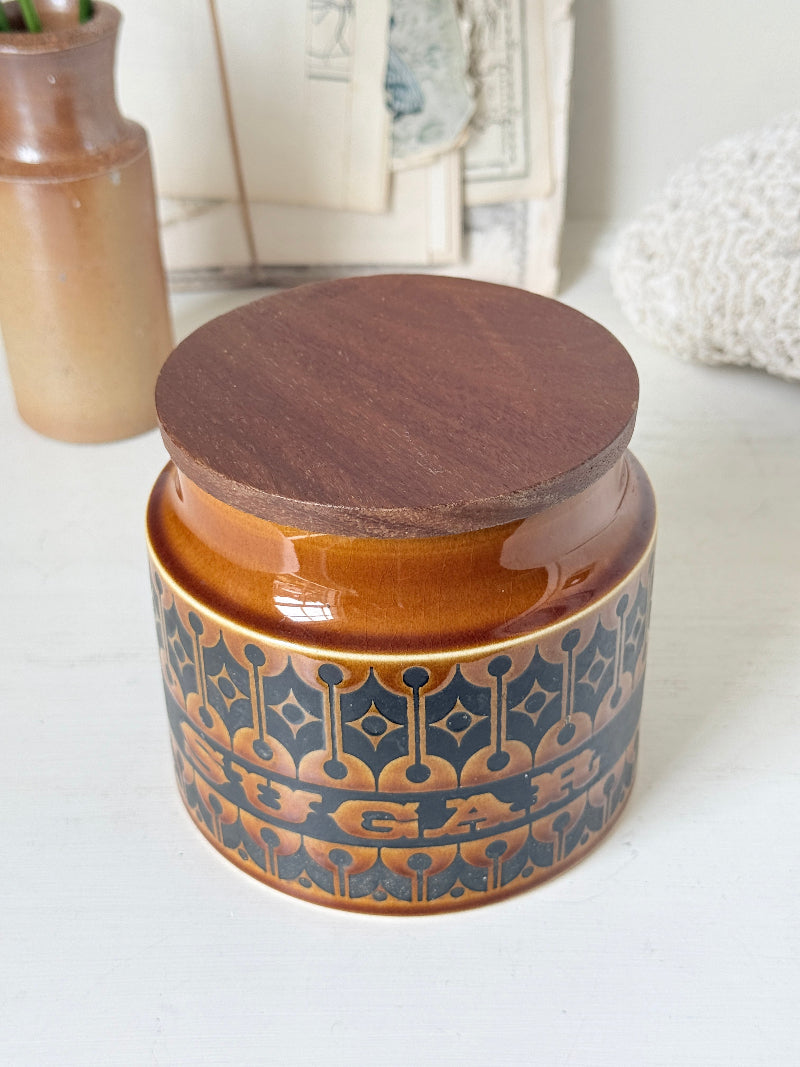 Vintage Hornsea Pottery Heirloom sugar canister in brown glaze with embossed pattern, wooden lid and 1970s kitchen style