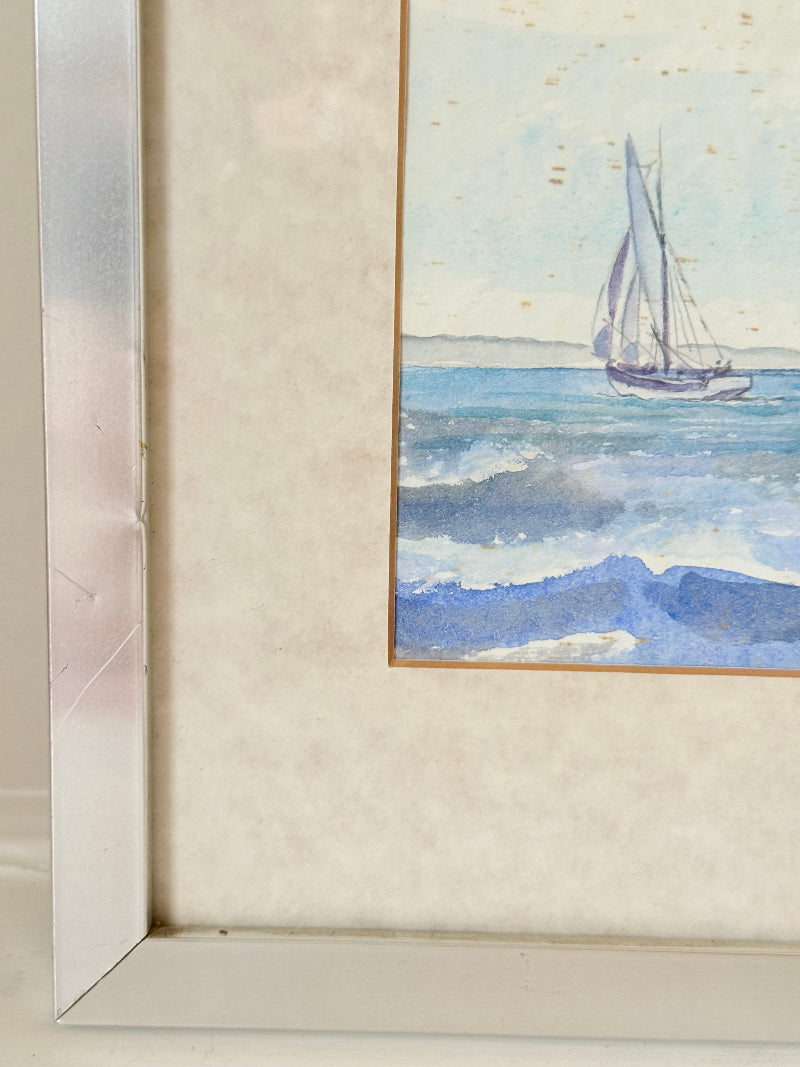 Vintage sailing watercolour signed Larsen in silver frame, seascape with sailboats