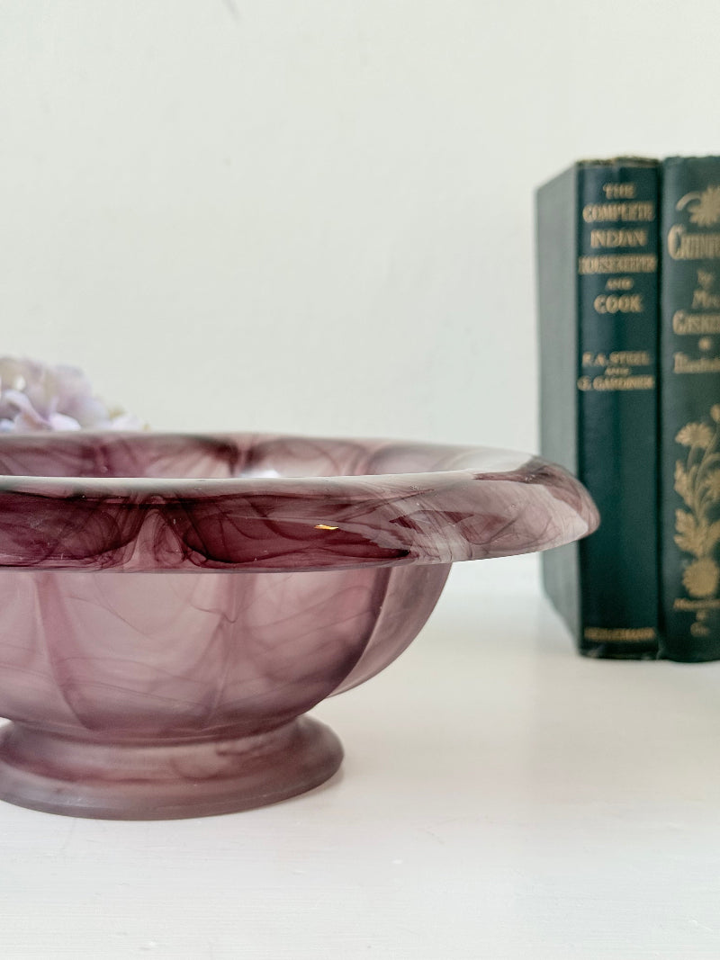 Davidson Art Deco smoky amethyst glass bowl, medium size with scalloped rim, photographed on white surface