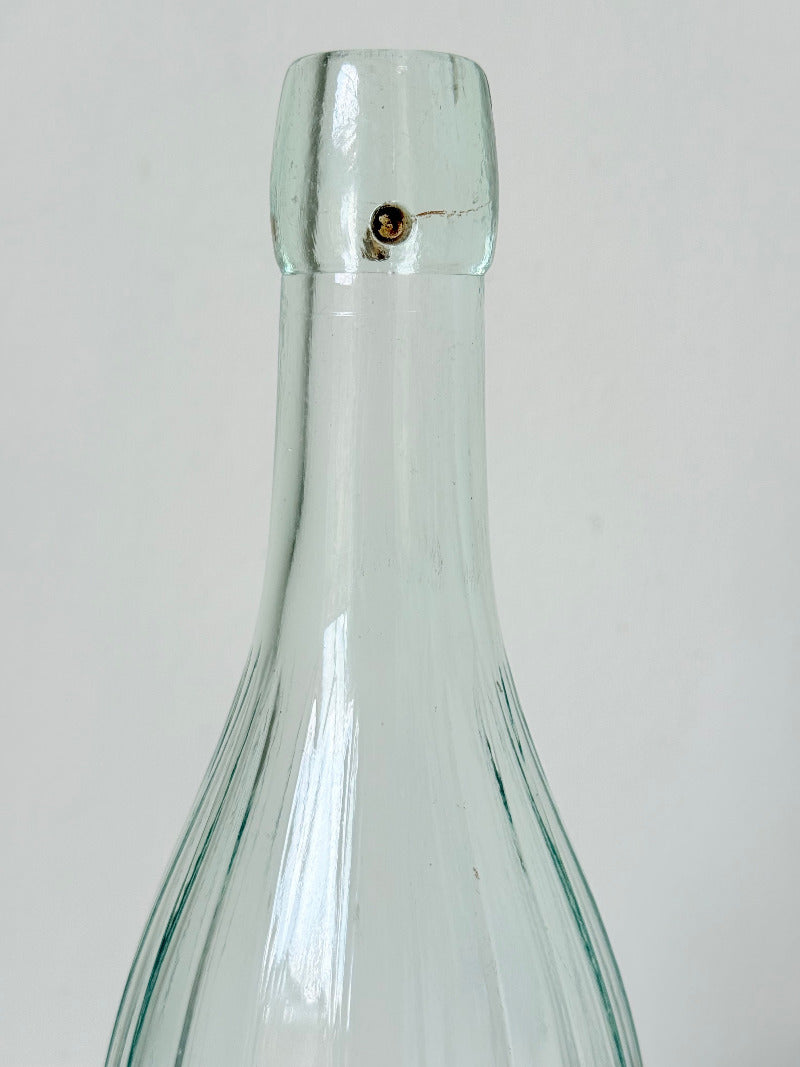 vintage french lemonade bottle la pétillante blue label on white surface with hydrangea flowers