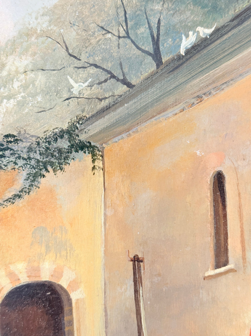 A painting of a Mediterranean courtyard corner with a warm ochre wall, arched doorway, small arched window, leafy vine, and birds perched on a tree branch against a pale sky.