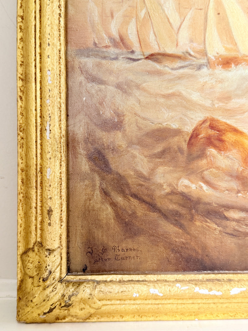 Close-up of an oil painting showing a seascape with a sailboat on the water, featuring a distressed gold frame and a signature in the lower left corner.