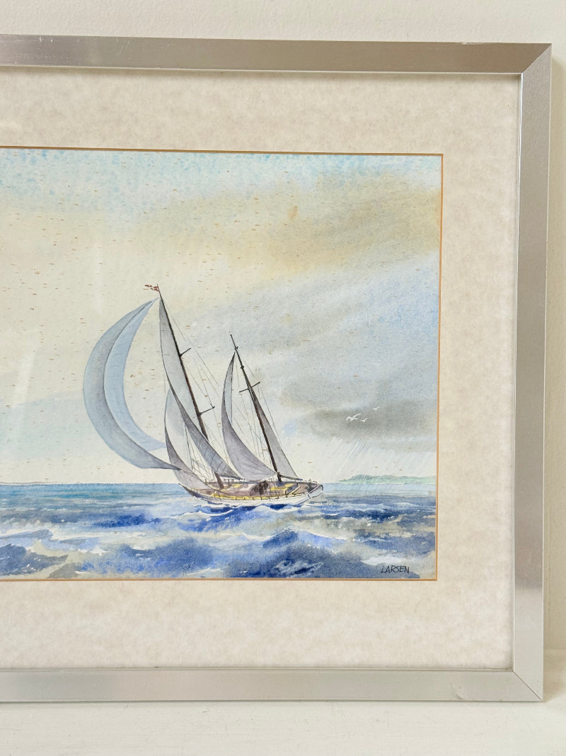 Vintage sailing watercolour signed Larsen in silver frame, seascape with sailboats