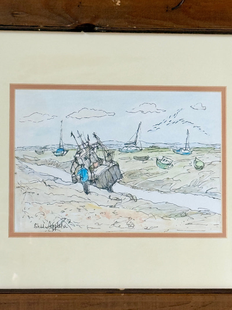 Vintage pen and watercolour coastal scene with horse and cart in rustic wood frame, signed, on white surface.