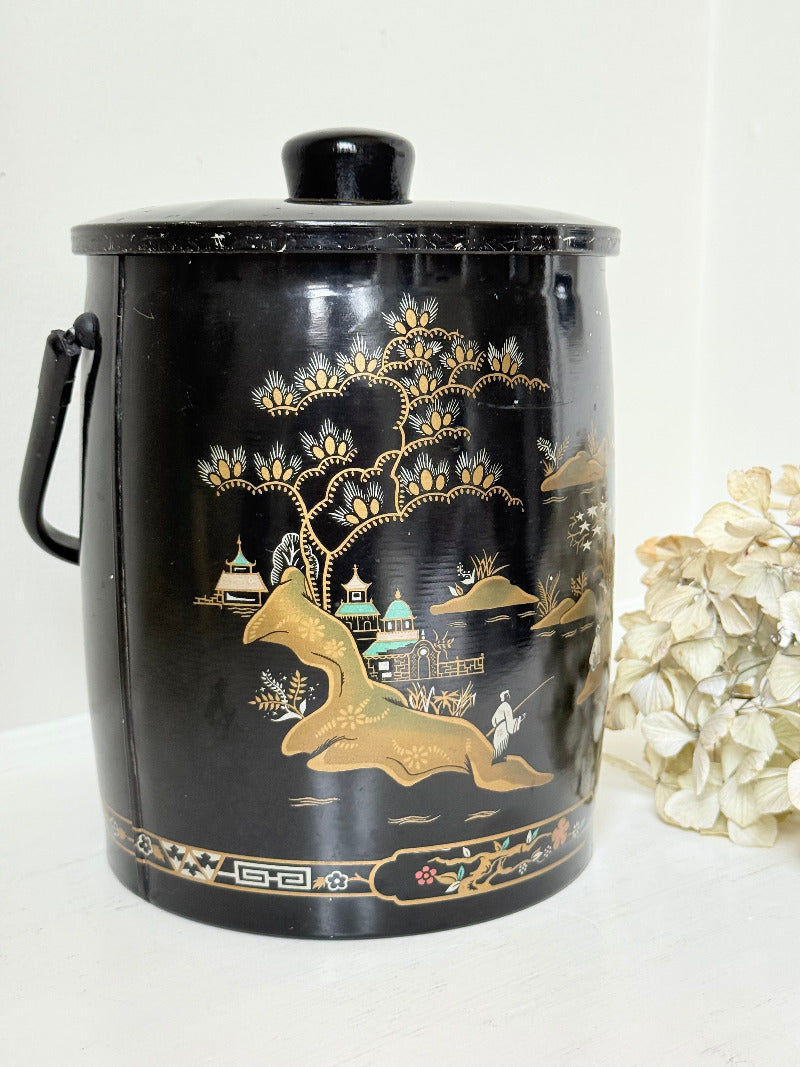 mid century baret ware china gardens black and gold ice bucket with glass liner photographed on white surface