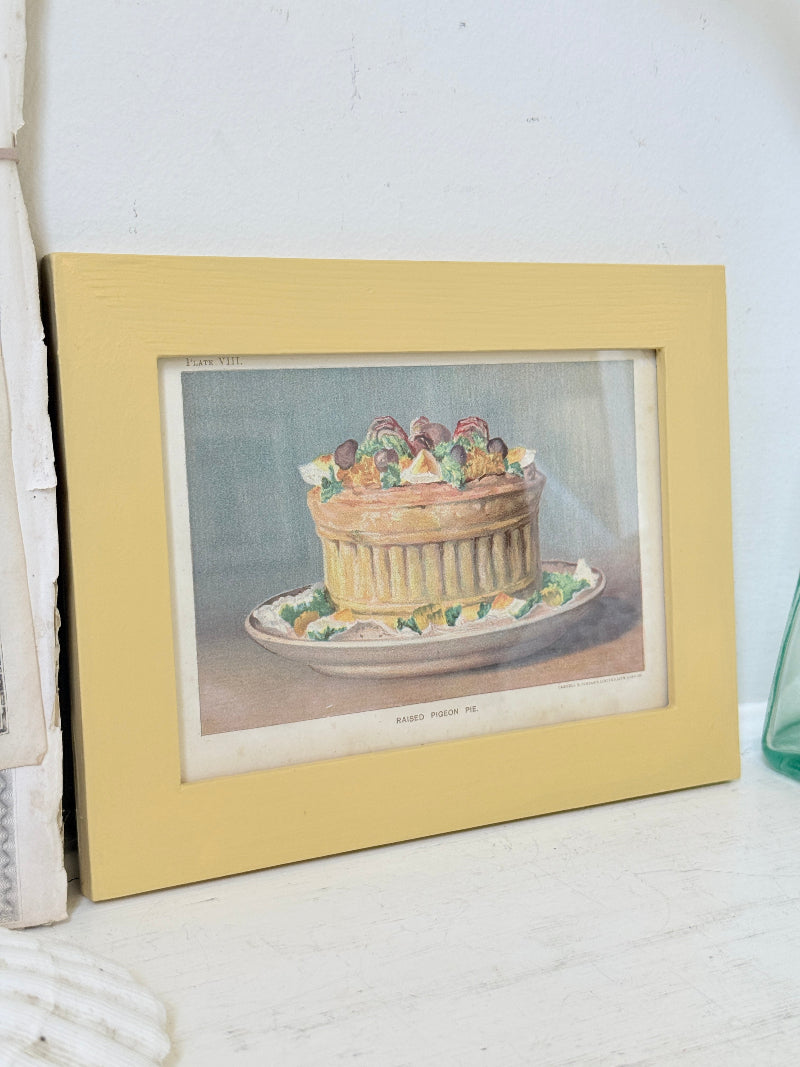 Framed antique Victorian cookery illustration from Cassell’s New Universal Cookery Book showing Raised Pigeon Pie