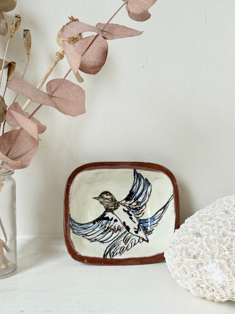 Vintage studio pottery soap dish with hand painted blue bird motif and terracotta rim, photographed on a white surface