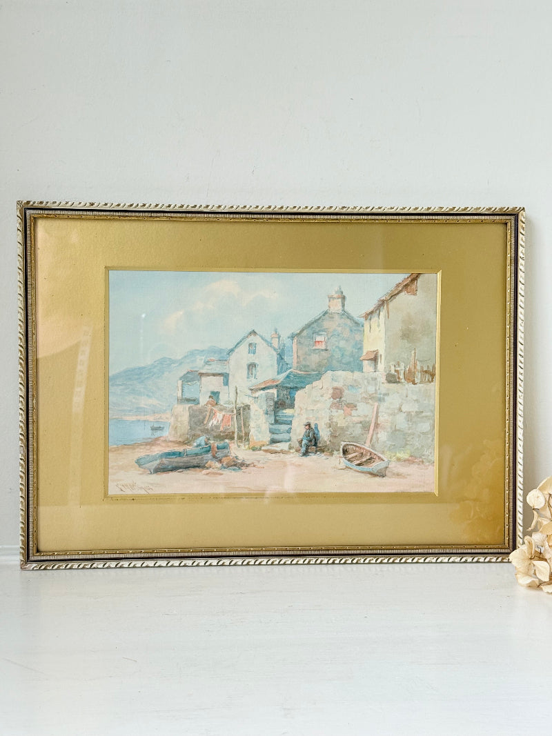 Vintage watercolour of fishing village with boats, gold mount, and ornate gilt frame