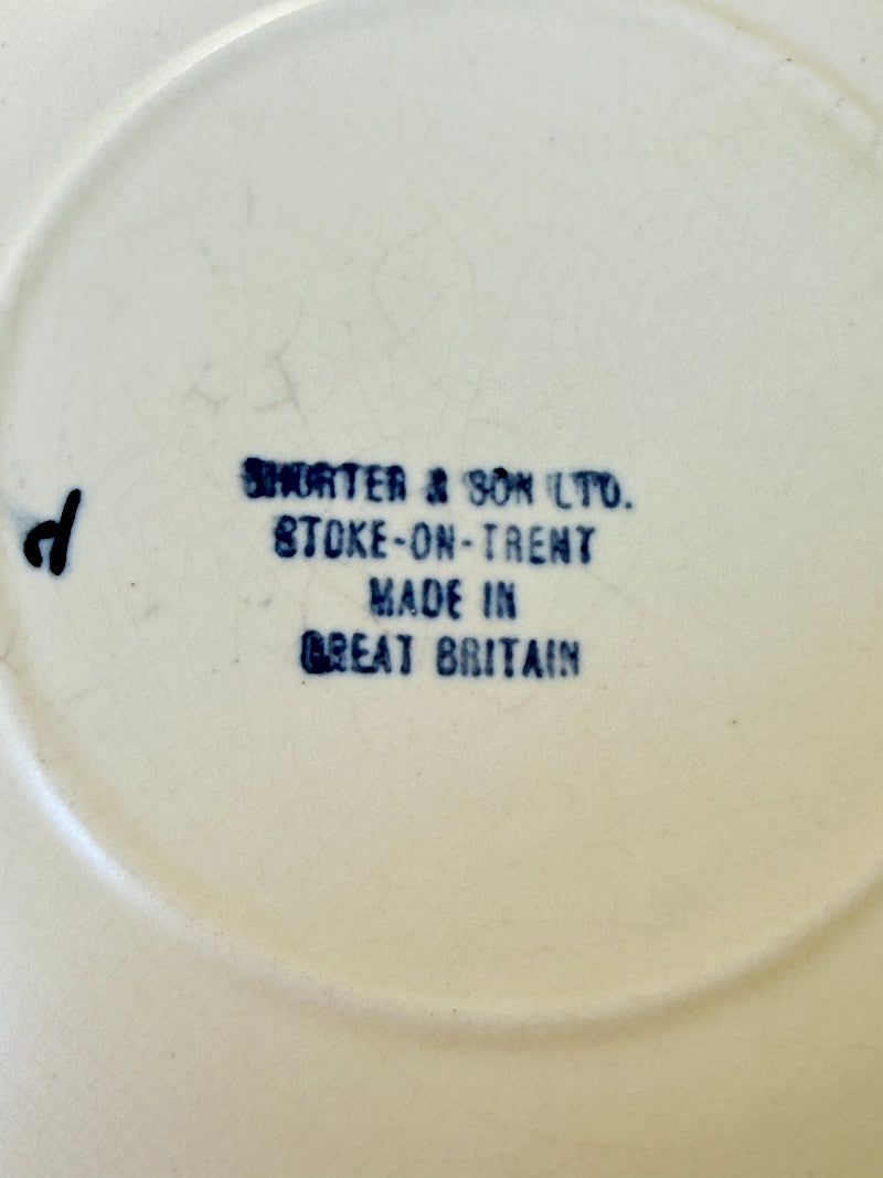 Set of five vintage Shorter and Son fish side plates in cream with pale green detail, photographed on a white surface