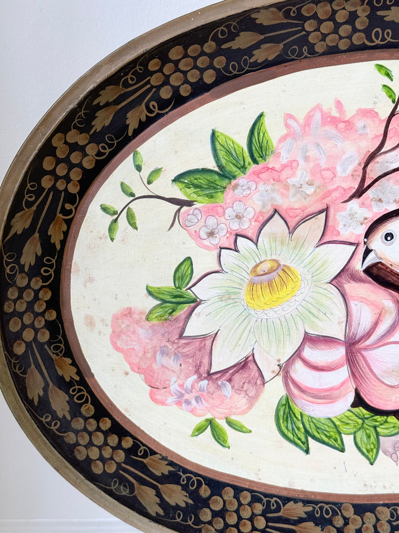 vintage hand painted metal tray with bold floral design in pink, red, white and gold border