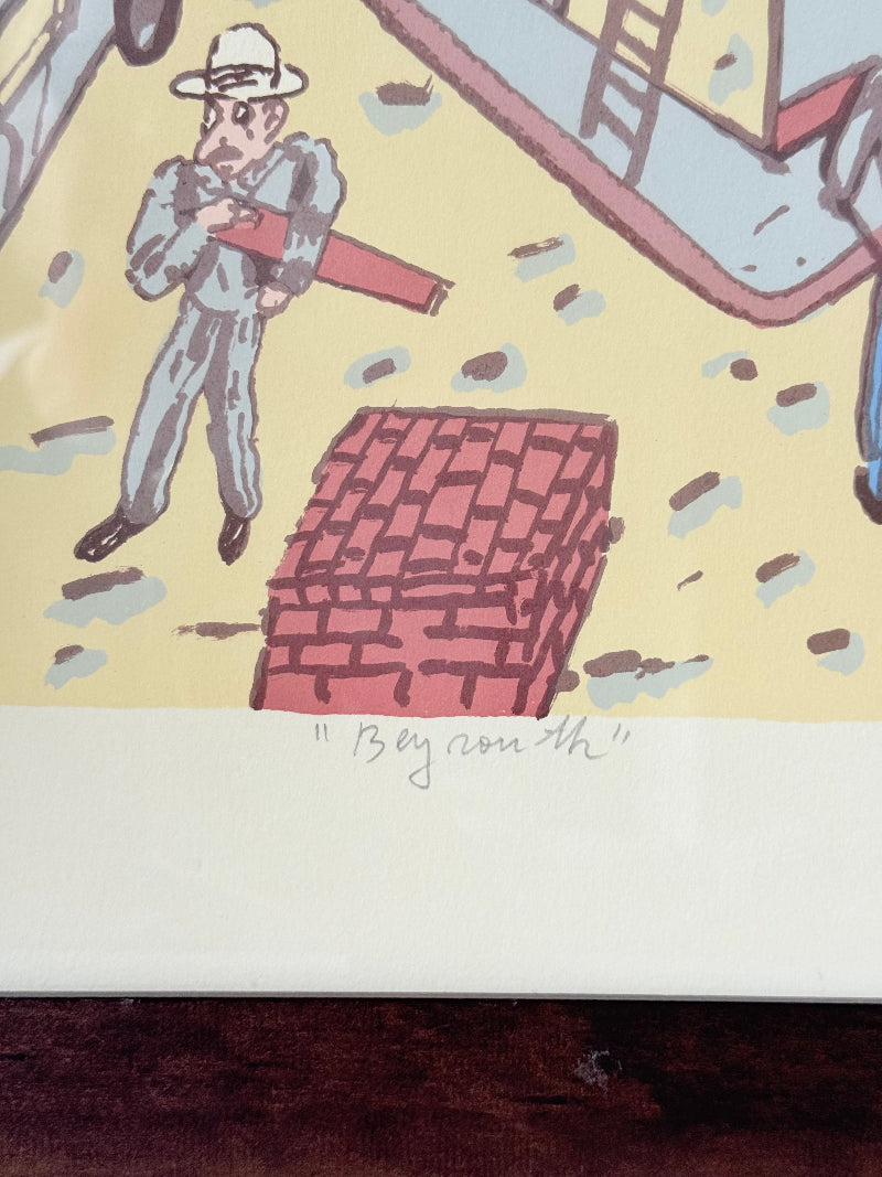 Limited edition screen print of Beirut by Antonio Segui in a wooden frame, signed and dated 1995, photographed on a white surface