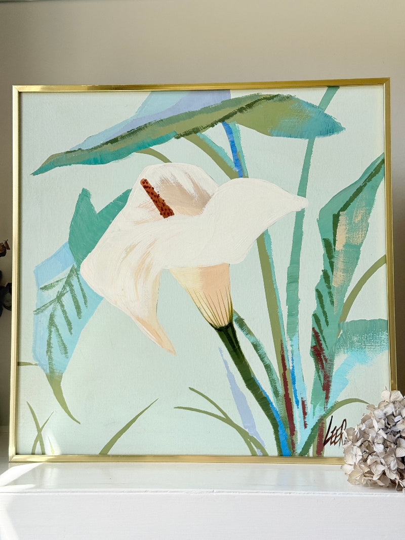 Lee Reynolds Vanguard Studios calla lily painting in aqua and green, gold frame, mid century modern