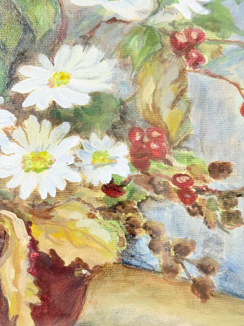 Vintage oil painting on board of daisies in a vase, framed under glass and photographed on a white surface beside dried flowers.