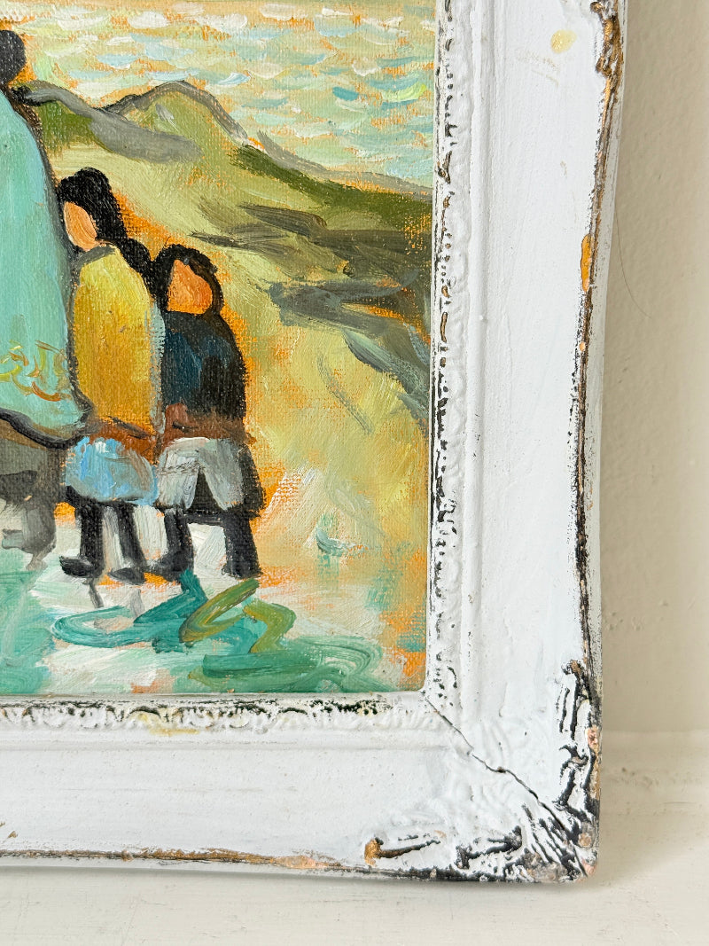 Markey Robinson style oil on board of shawled figures going to a hilltop church in teal and ochre