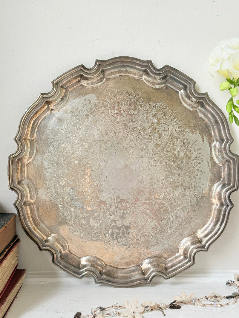 Vintage EPNS silver plate tray made in England with piecrust edge, floral scroll engraving and aged patina