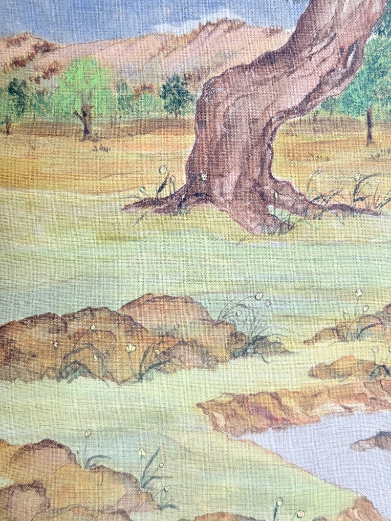 Vintage Chinese watercolour landscape on canvas with tree, mountains and blossom, photographed on white surface