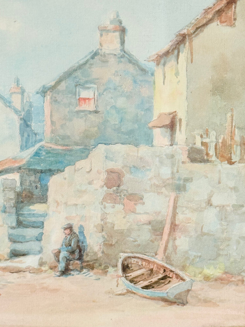 Vintage watercolour of fishing village with boats, gold mount, and ornate gilt frame