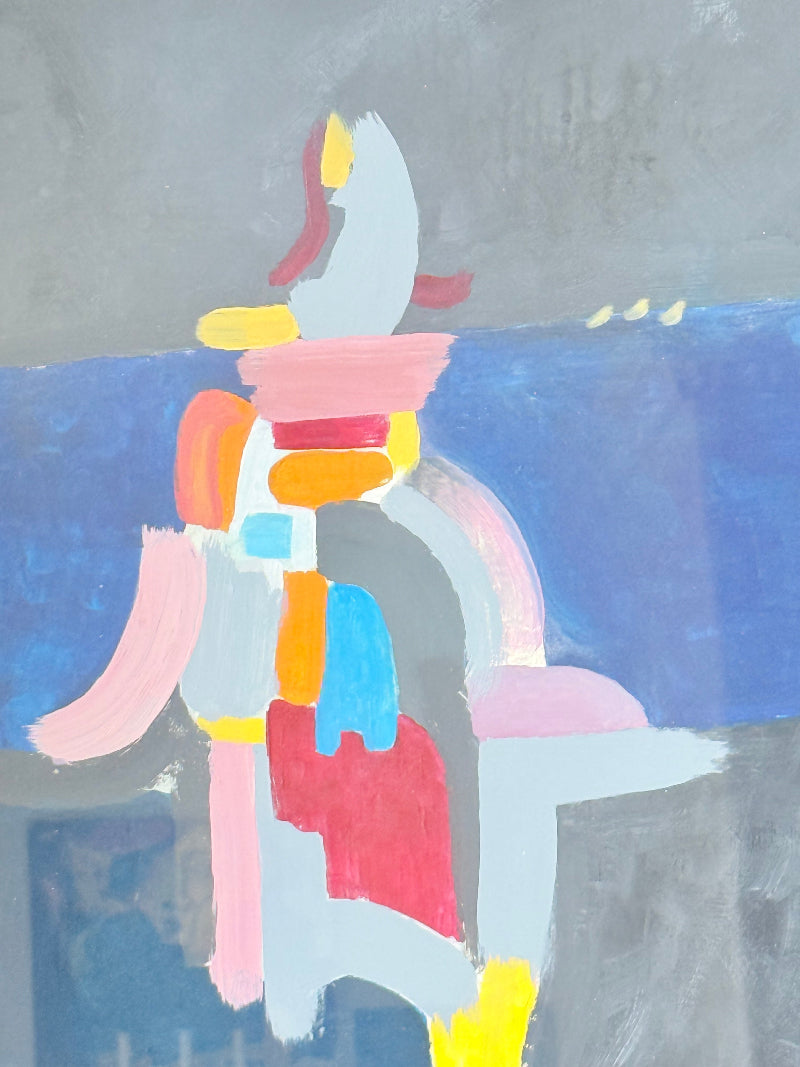 Colourful abstract acrylic painting after Donald Hamilton Fraser in gold frame, photographed on white background