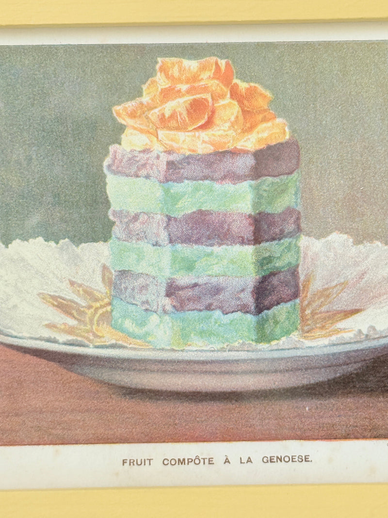 Framed antique Victorian cookery illustration from Cassell’s New Universal Cookery Book showing Fruit Compote à la Genoese