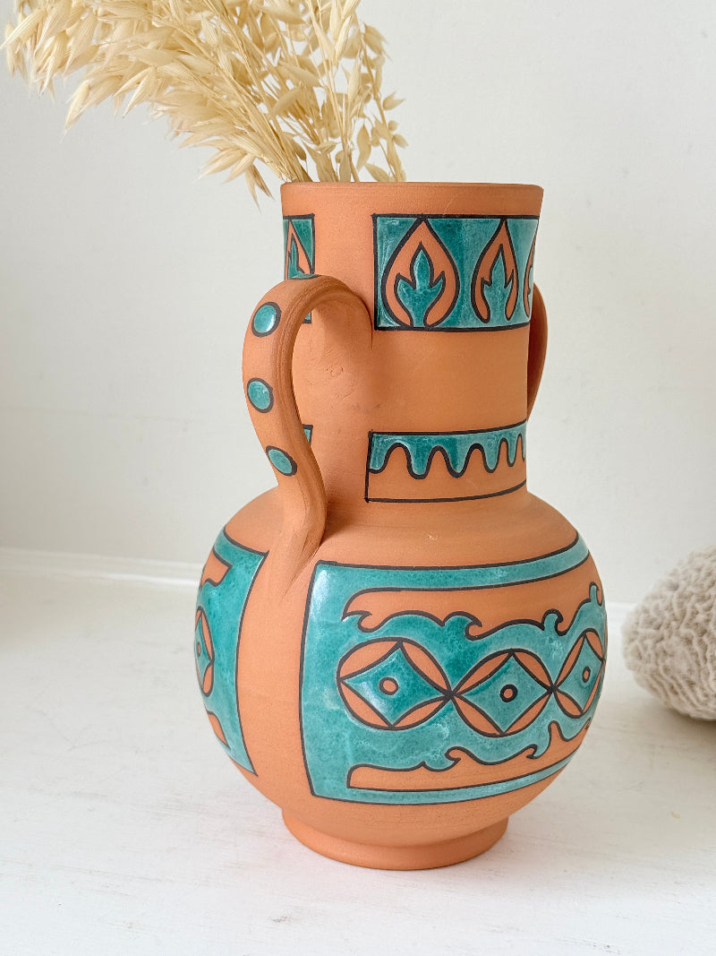 Spanish folk pottery twin handled jug vase in terracotta with turquoise glaze and Andalusian style decoration