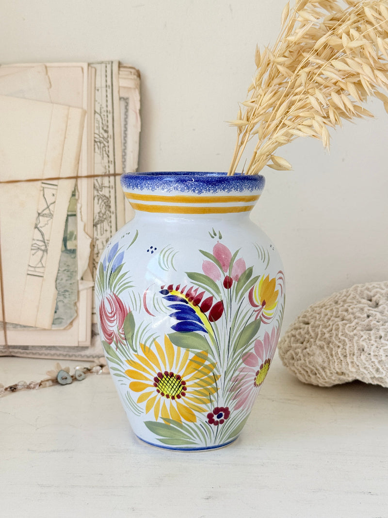 Vintage Henriot Quimper faience vase with hand painted floral decoration, blue rim and colourful French folk pottery style