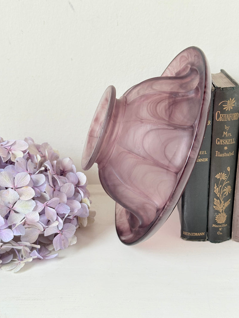 Davidson Art Deco smoky amethyst glass bowl, medium size with scalloped rim, photographed on white surface