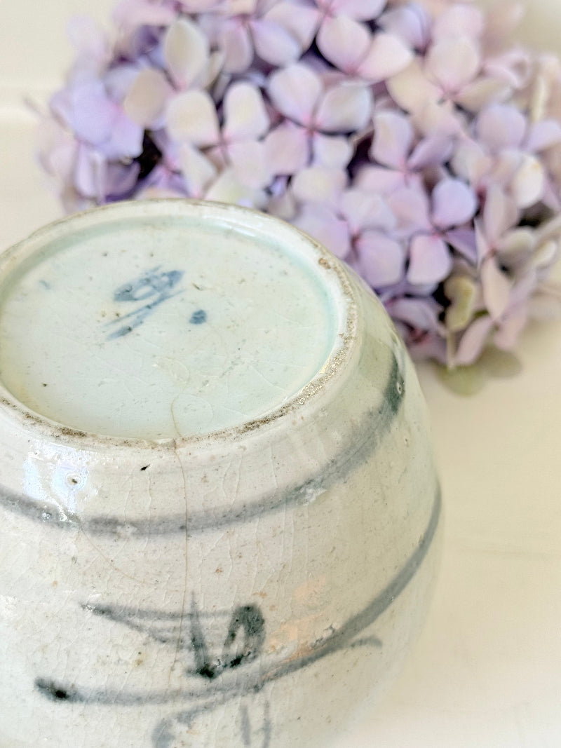 Antique Chinese ginger jar with blue brushwork, photographed on a white surface with vintage books and hydrangeas