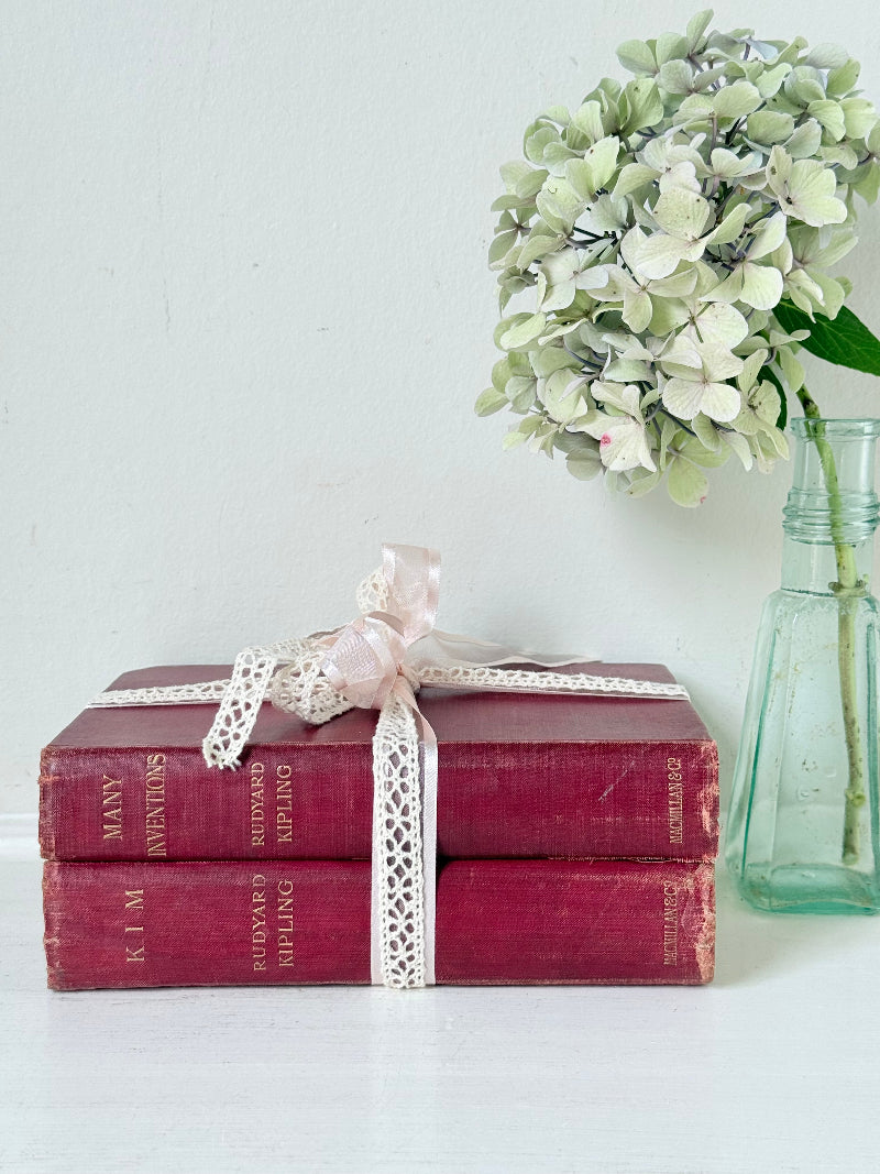 Pair of vintage Rudyard Kipling books in red cloth bindings with gilt lettering, styled as a decorative bundle, photographed on a white surface