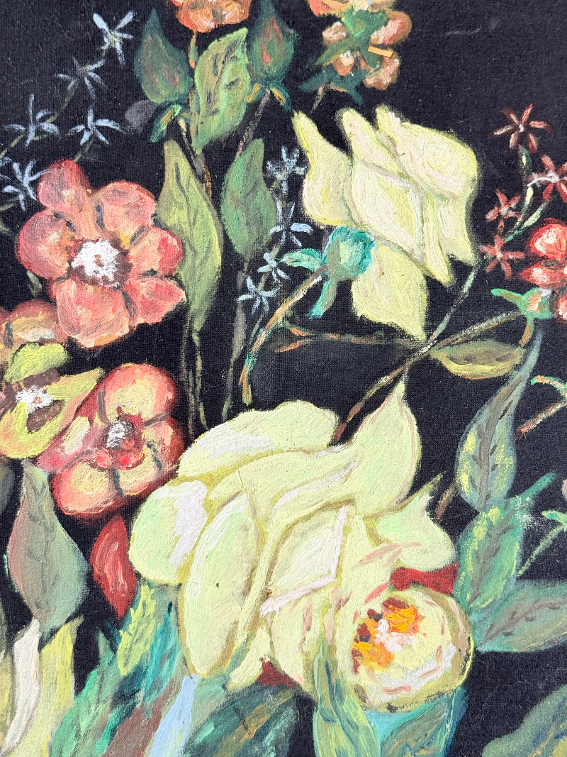 Vintage floral still life oil on canvas with yellow and peach blooms against dark background, unframed, on white surface.