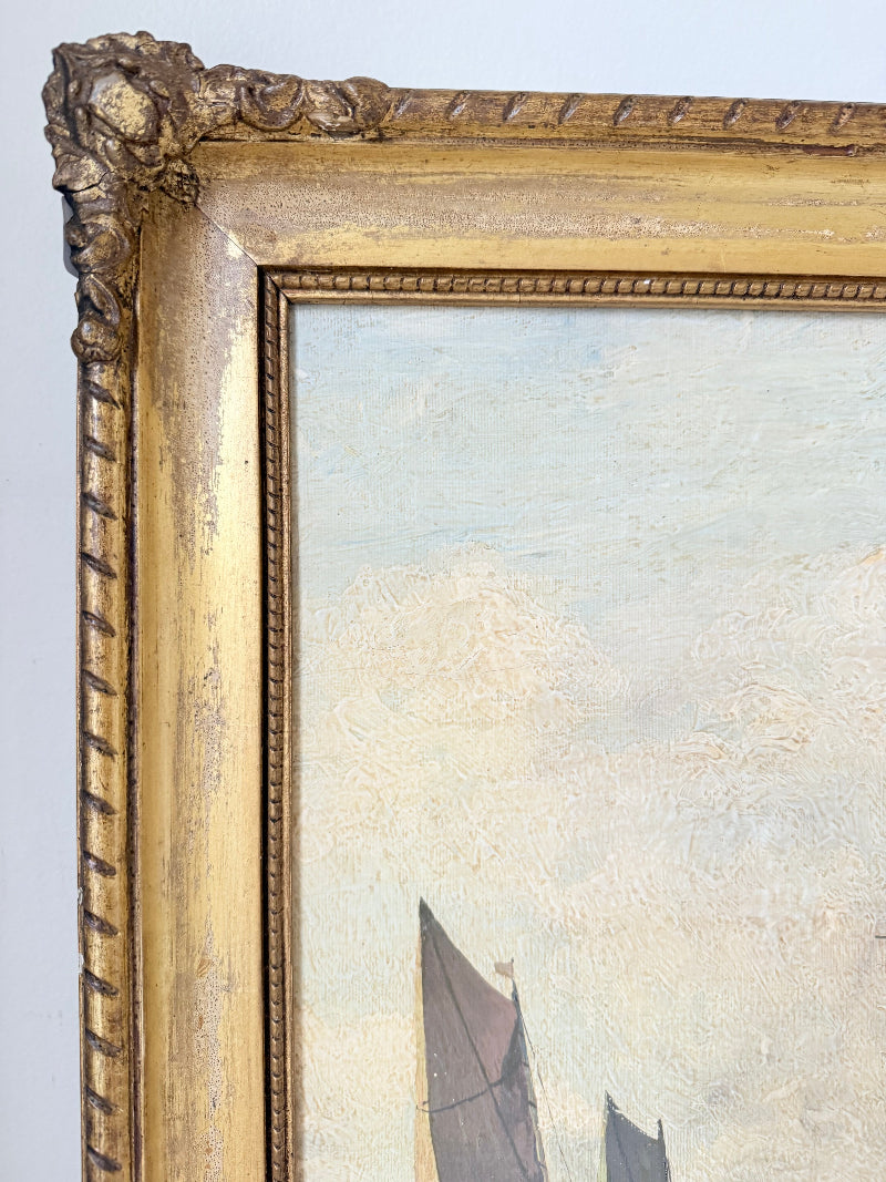 Vintage oil painting of man o’ war sailing ship with fishing boats in gilt frame