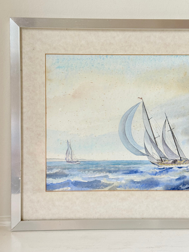 Vintage sailing watercolour signed Larsen in silver frame, seascape with sailboats