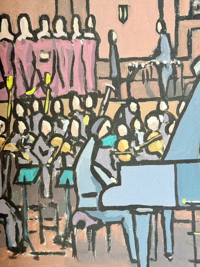 Vintage orchestral oil painting on board showing conductor and musicians, unframed, photographed on white surface.