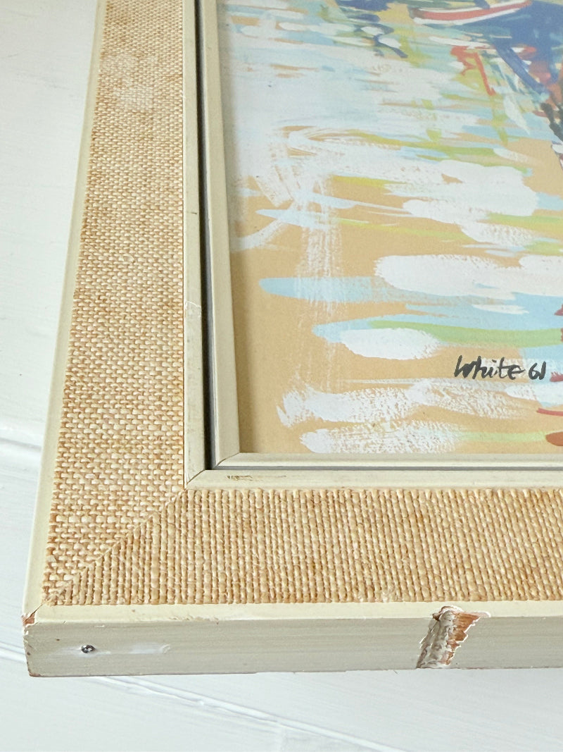 Mid century harbour scene painting with pastel boats and buildings, in wooden frame, photographed on a white surface