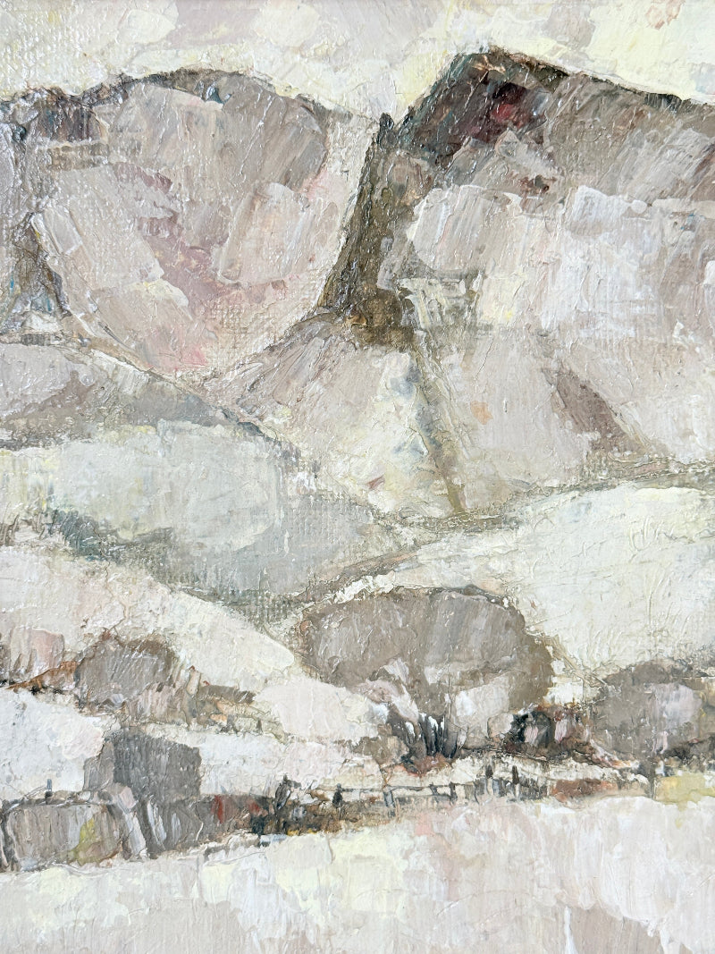 An abstract landscape painting featuring textured brushstrokes of gray, beige, white, and muted brown tones, depicting rocky hills and a snowy or misty valley.