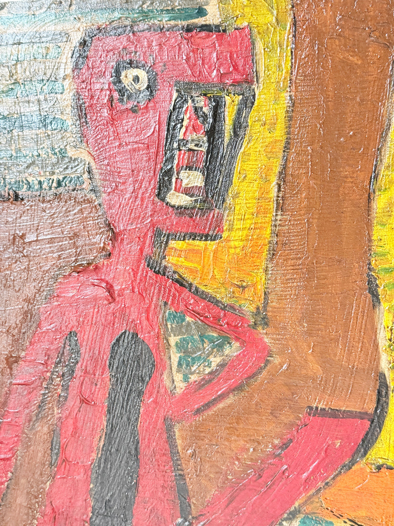A close-up of an expressive, textured painting depicting a stylized figure in red and pink tones with a yellow background and brown side elements.