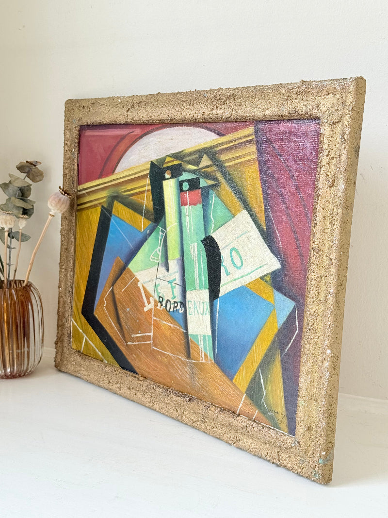 Vintage cubist-style oil on canvas laid on board, After Juan Gris (Spanish, 1887–1927), The Bordeaux Bottle still life, framed in gilt