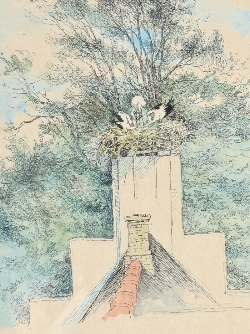 Vintage watercolour of birds nesting in chimney with trees and sky in gold frame