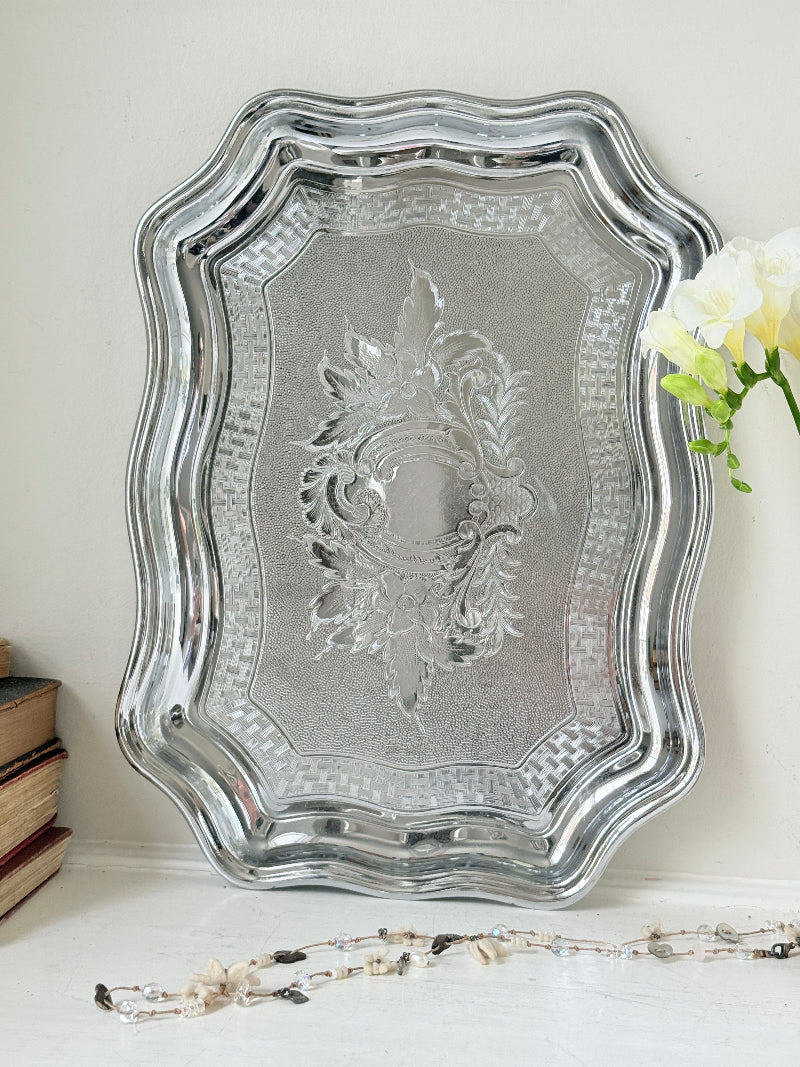 Vintage Swan Brand Cromalin chromium plated serving tray made in England with shaped edge and embossed floral detail